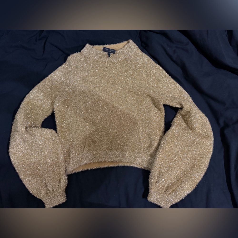 rag & bone Metallic Gold Off-the-Shoulder Puff-Sleeve Sweater